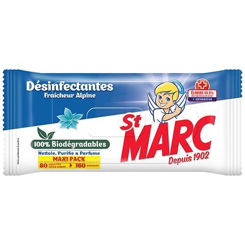 ST MARC Lingettes Biodégradables Nettoyantes et Désinfectantes 0% résidus agressifs x42 